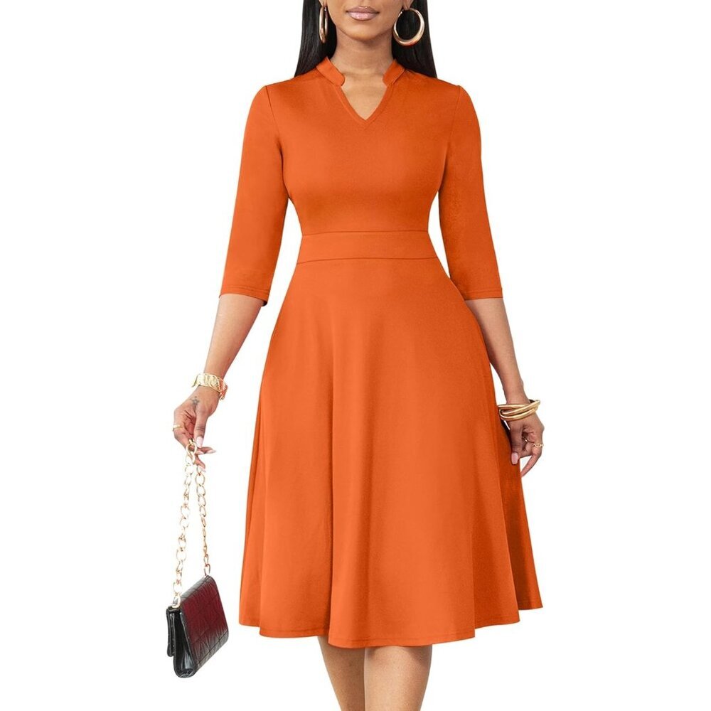 Women Orange 3/4 Sleeve Semi Formal Fit and Flare A-line  Dress with Pockets